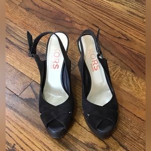 Ladies Michael Kors Dark Brown Suede Block Stiletto Platform Heels Open Peep Toe